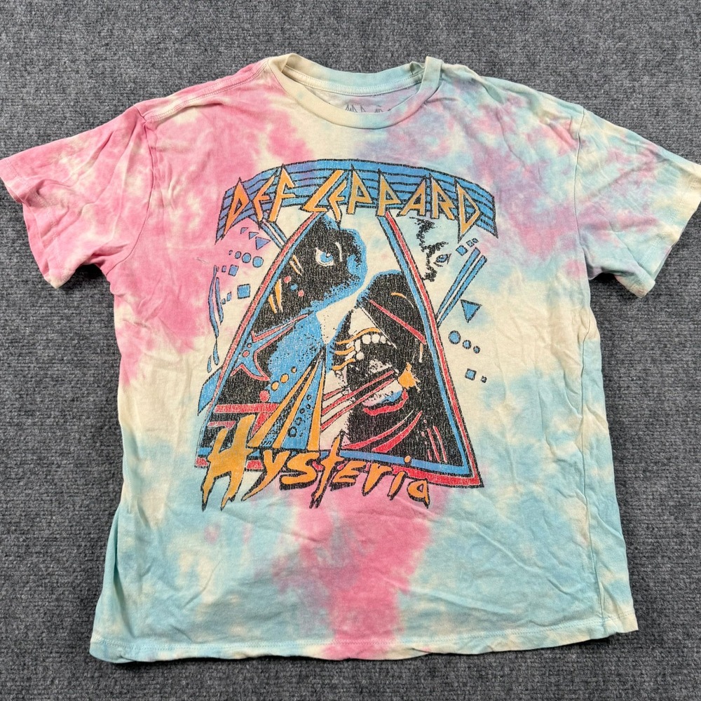 Def Leppard T-Shirt Unisex Medium Tie Dye Pink Blue Hysteria Graphic Band Tee